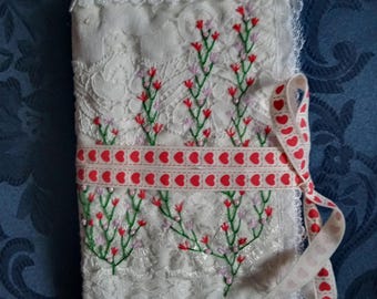 hand embroidered needlebook, slow stitch, beaded needlecase, stitchers gift, textile artist ephemera, lace present, upcycled gift,