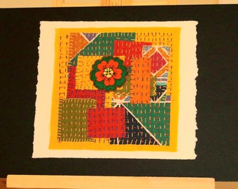 Hand embroidered textile stitched wall hanging, textile art abstract flowers, upcycled textile art for lounge, fabric collage wall art