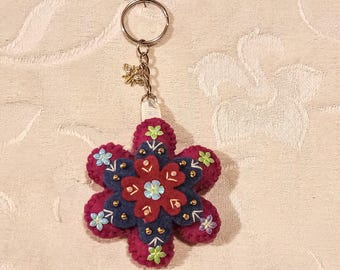 Hand Embroidered Felt Flower Bag Charm: Beaded Fabric Keychain