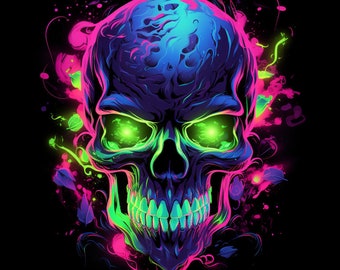 Neon Luminous Skull, Bundle of 5 PNG Files for Wall Art, Digital Prints, T-Shirt Designs, and Tumbler Sublimation