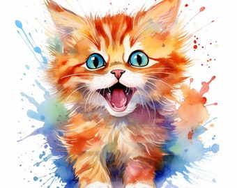 Cheerful Kitten, Watercolor, Bundle of 5 PNG Files for Wall Art, Digital Prints, T-Shirt Designs, and Tumbler Sublimation