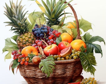 Vibrant Tropical Fruit Basket, Watercolor, Bundle of 5 PNG Files for Wall Art, Digital Prints, T-Shirt Designs, and Tumbler Sublimation