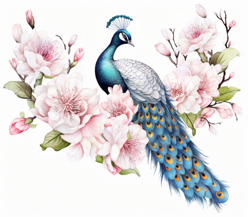 Peacock and Pink Flowers, Bundle of 5 PNG Files for Wall Art, Digital Prints, T-Shirt Designs, and Tumbler Sublimation image 5