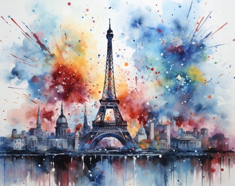 Eiffel Tower PNG, Watercolor, Bastille Day, Bundle of 5, Wall Art, Digital Prints, T-Shirt Designs, and Tumbler Sublimation and Wrap