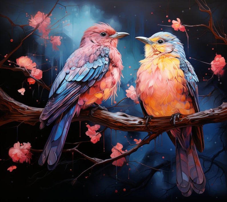 Birds and Neon Cherry Blossom Bundle of 5 PNG Files for Wall Art, Digital Prints, T-Shirt Designs, Tumbler Sublimation Wrap. Not Transparent image 5