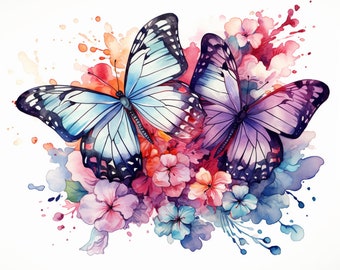 Majestic Butterflies & Flowers, Watercolor, Bundle of 5, PNG Files for Wall Art, Digital Prints, T-Shirt Designs, and Tumbler Sublimation
