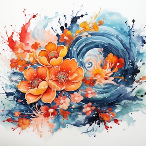 Traditional Art PNG, Watercolor, Bundle of 5, Chinese New Year Painting, Wall Art, Digital Prints, T-Shirt Designs, and Tumbler Sublimation image 1