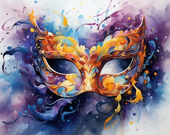 Mardi Gras Mask, Watercolor, Bundle of 5 PNG Files, Wall Art, Digital Prints, T-Shirt Designs, Tumbler Sublimation and Wrap