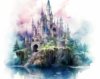 Enchanted Castle, Watercolor, Bundle of 5 PNG Files for Wall Art, Digital Prints, T-Shirt Designs, and Tumbler Sublimation