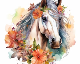 Watercolor Horse with Flower Crown, Bundle of 5 PNG Files for Wall Art, Digital Prints, T-Shirt Designs, and Tumbler Sublimation