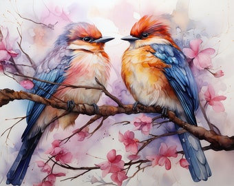 Birds in Love, Cherry Blossom, Bundle of 5 PNG Files, Wall Art, Digital Prints, T-Shirt Designs, Tumbler Sublimation Wrap - Not Transparent