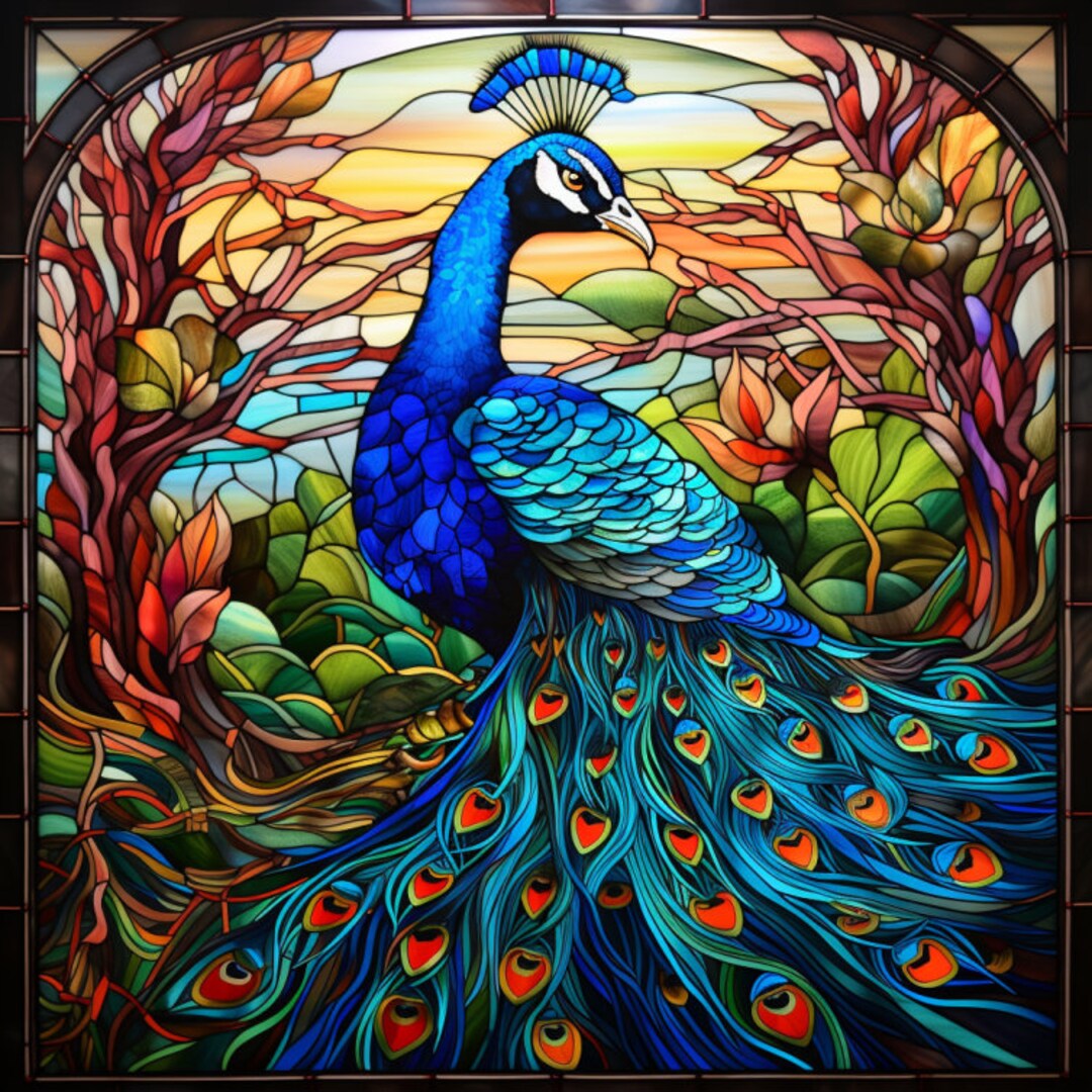 Majestic Peacock, Mandala, Stained Glass, Bundle of 4 PNG Files