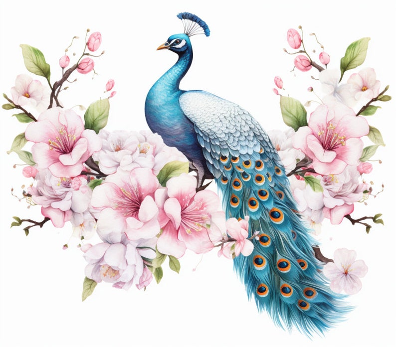 Peacock and Pink Flowers, Bundle of 5 PNG Files for Wall Art, Digital Prints, T-Shirt Designs, and Tumbler Sublimation image 2