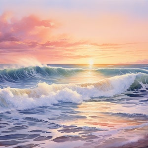 Seascape with Serene Waves, Dreamy Watercolor, Bundle of 4 PNG Files for Wall Art, Digital Prints, T-Shirt Designs, and Tumbler Sublimation