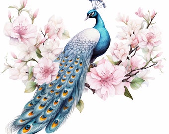 Peacock and Pink Flowers, Bundle of 5 PNG Files for Wall Art, Digital Prints, T-Shirt Designs, and Tumbler Sublimation