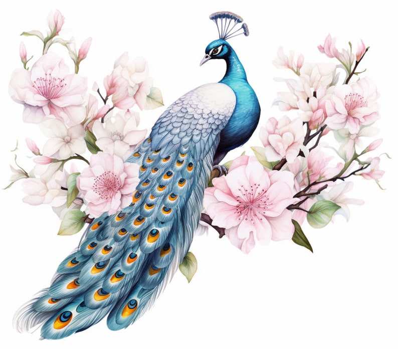 Peacock and Pink Flowers, Bundle of 5 PNG Files for Wall Art, Digital Prints, T-Shirt Designs, and Tumbler Sublimation image 1