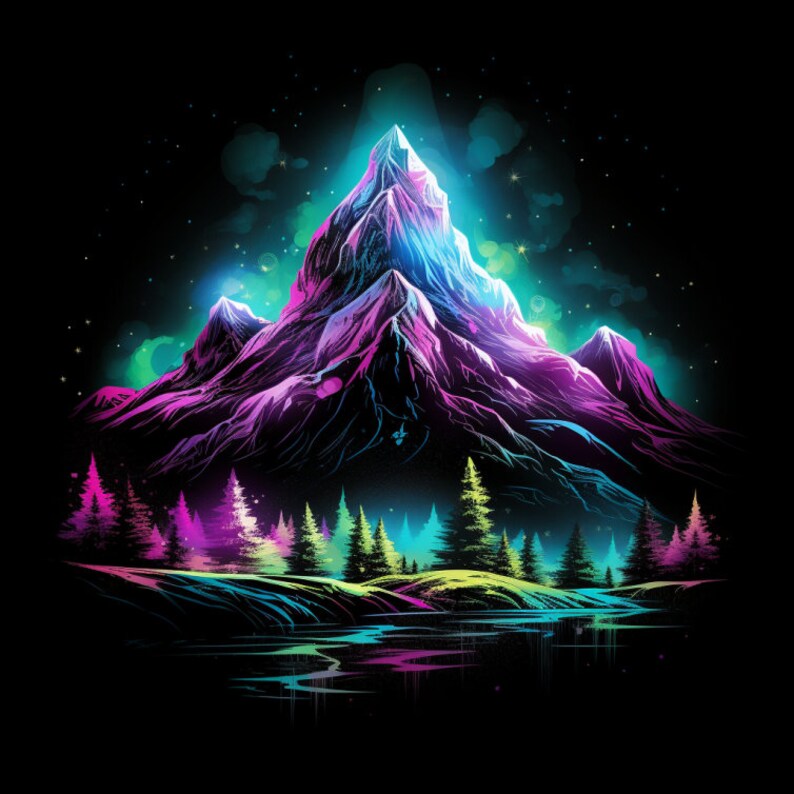 Neon Luminous Mountain Peak, Bundle of 5 PNG Files for Wall Art ...