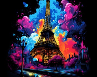 Neon Vivid Fluorescent Eiffel Tower in Paris, Bundle of 5 PNG Files for Wall Art, Digital Prints, T-Shirt Designs, and Tumbler Sublimation