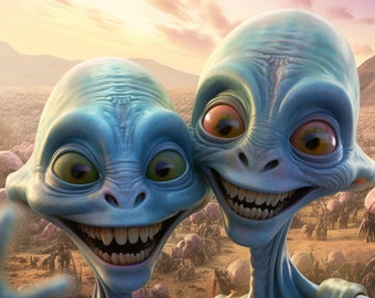 Happy Aliens Taking Selfie, PNG File for Wall Art, Digital Prints, T-Shirt Designs, and Tumbler Sublimation