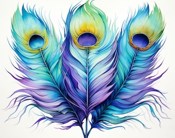 Heavenly Peacock Feathers, Bundle of 5 PNG Files for Wall Art, Digital Prints, T-Shirt Designs, and Tumbler Sublimation