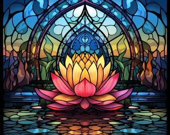 Zen Stained Glass Lotus, Bundle of 5 PNG Files for Wall Art, Digital Prints, T-Shirt Designs, and Tumbler Sublimation - Not Transparent