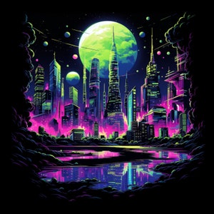 Puede incluir: Una impresión de arte digital de un horizonte urbano futurista con edificios altos, una gran luna verde y un reflejo de la ciudad en un cuerpo de agua.