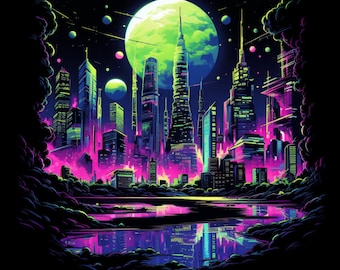 Neon Fluorescent Cityscape, Bundle of 5 PNG Files for Wall Art, Digital Prints, T-Shirt Designs, and Tumbler Sublimation