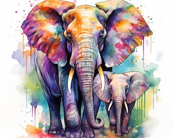 Graceful Elephants PNG, Watercolor, Bundle of 5 Files for Wall Art, Digital Prints, T-Shirt Designs, and Tumbler Sublimation