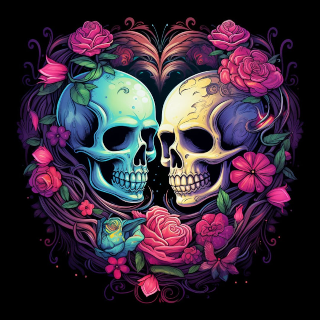 Neon Luminous Skulls in Love, Bundle of 5 PNG Files for Wall Art ...