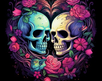 Neon Luminous Skulls in Love, Bundle of 5 PNG Files for Wall Art, Digital Prints, T-Shirt Designs, and Tumbler Sublimation