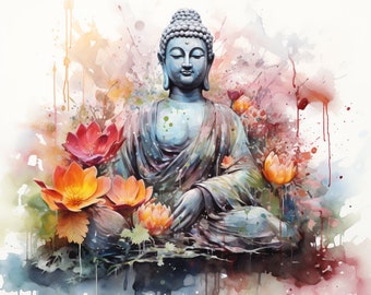 Buddha, Lotus Garden, PNG Watercolor, Bundle of 5 Files, Wall Art, Digital Prints, T-Shirt Designs, and Tumbler Sublimation and Wrap