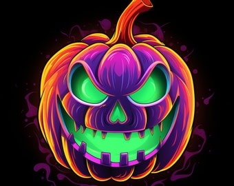 Halloween Pumpkin, Neon, Scary, Bundle of 5 PNG Files for Wall Art, Stickers, Digital Prints, T-Shirt Designs, and Tumbler Sublimation