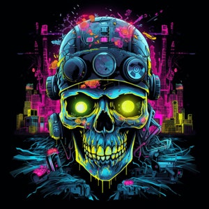 Neon Techno Skull, paquete de 5 archivos PNG para arte mural, impresiones digitales, diseños de camisetas y sublimación de vasos
