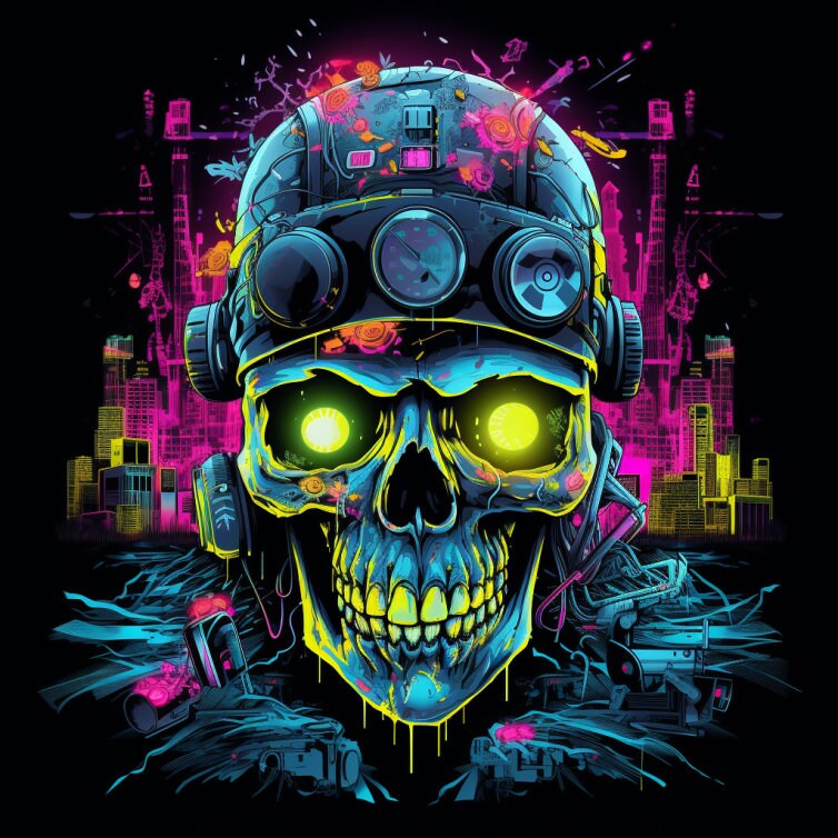 Neon Techno Skull, Bundle of 5 PNG Files for Wall Art