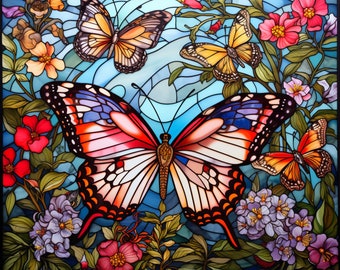 Butterfly and Flowers PNG, Stained Glass, Bundle of 5, Wall Art, Digital Prints, T-Shirt Designs, and Tumbler Sublimation