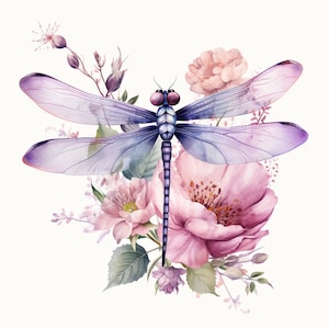 Watercolor Elegant Dragonfly and Flowers, Bundle of 5 PNG Files for Wall Art, Digital Prints, T-Shirt Designs, and Tumbler Sublimation