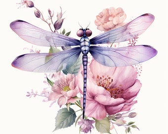 Watercolor Elegant Dragonfly and Flowers, Bundle of 5 PNG Files for Wall Art, Digital Prints, T-Shirt Designs, and Tumbler Sublimation