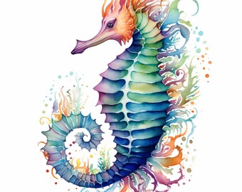 Charming Seahorse, Watercolor, Bundle of 5 PNG Files for Wall Art, Digital Prints, T-Shirt Designs, and Tumbler Sublimation