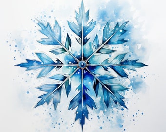 Glistening Snowflakes, Watercolor, Bundle of 5 PNG Files for Wall Art, Digital Prints, T-Shirt Designs, and Tumbler Sublimation