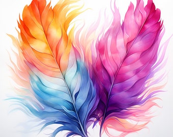 Ethereal Rainbow Feathers, Watercolor, Bundle of 5 PNG Files for Wall Art, Digital Prints, T-Shirt Designs, and Tumbler Sublimation