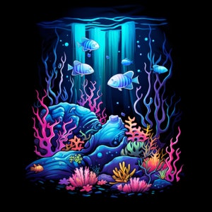 Neon Glowing Underwater, Bundle of 5 PNG Files for Wall Art, Digital Prints, T-Shirt Designs, and Tumbler Sublimation