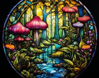 Enchanted Forest, Stained Glass, Bundle of 5 PNG Files for Wall Art, Digital Prints, T-Shirt Designs, and Tumbler Sublimation