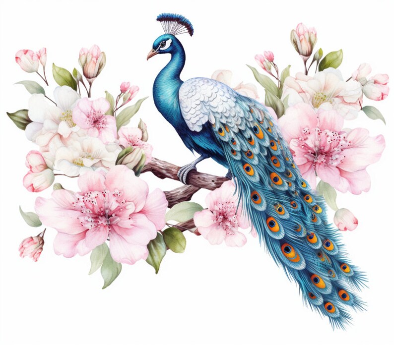 Peacock and Pink Flowers, Bundle of 5 PNG Files for Wall Art, Digital Prints, T-Shirt Designs, and Tumbler Sublimation image 4