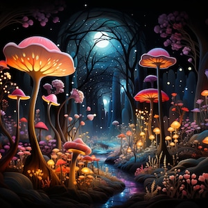 Moonlight in Enchanted Forest, Neon, Bundle of 5 PNG Files, Digital Prints, T-Shirt Designs, Tumbler Sublimation and Wrap - Not Transparent