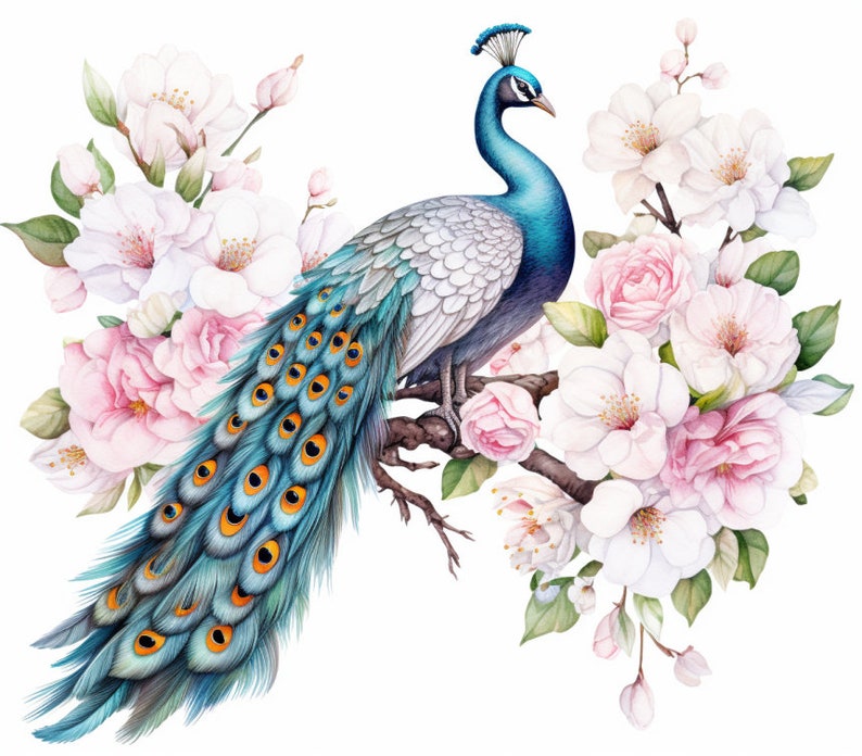 Peacock and Pink Flowers, Bundle of 5 PNG Files for Wall Art, Digital Prints, T-Shirt Designs, and Tumbler Sublimation image 3