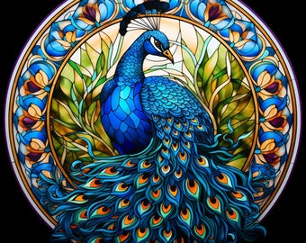 Majestic Peacock, Mandala, Stained Glass, Bundle of 5 PNG Files for Wall Art, Digital Prints, T-Shirt Designs, and Tumbler Sublimation