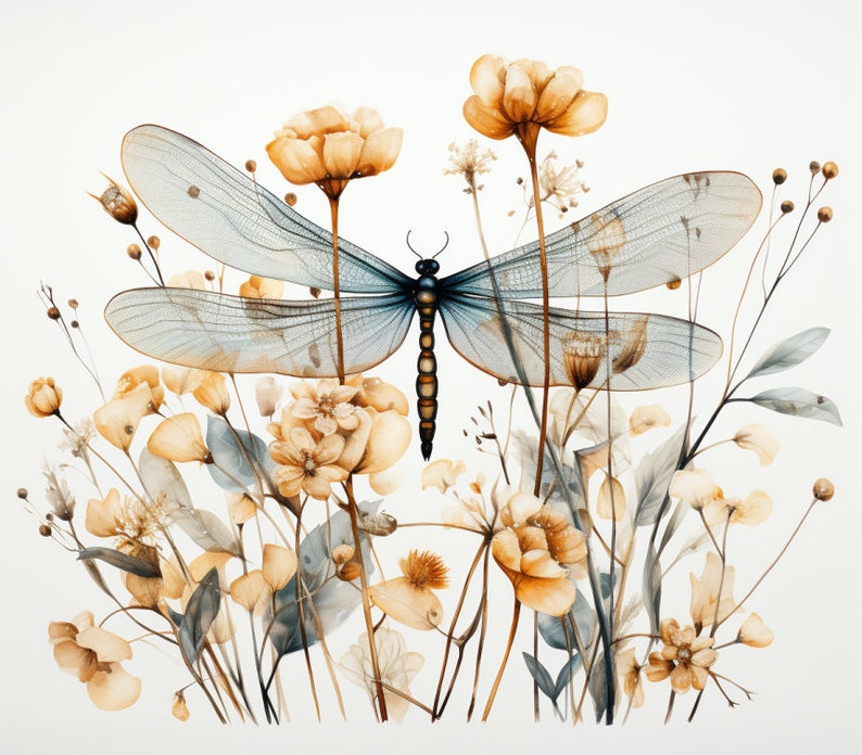 Dragonfly and Fall Flowers, Bundle of 5 PNG Files for Wall Art, Digital Prints, T-Shirt Designs, and Tumbler Sublimation Not Transparent image 1