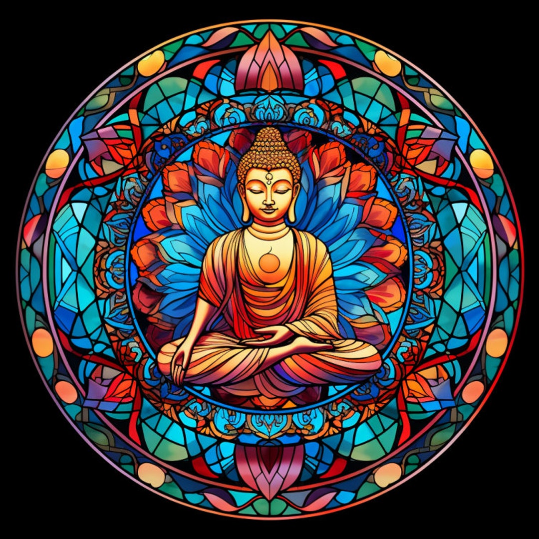 Enlightening Buddha Stained Glass, Bundle of 4 PNG Files, Wall Art