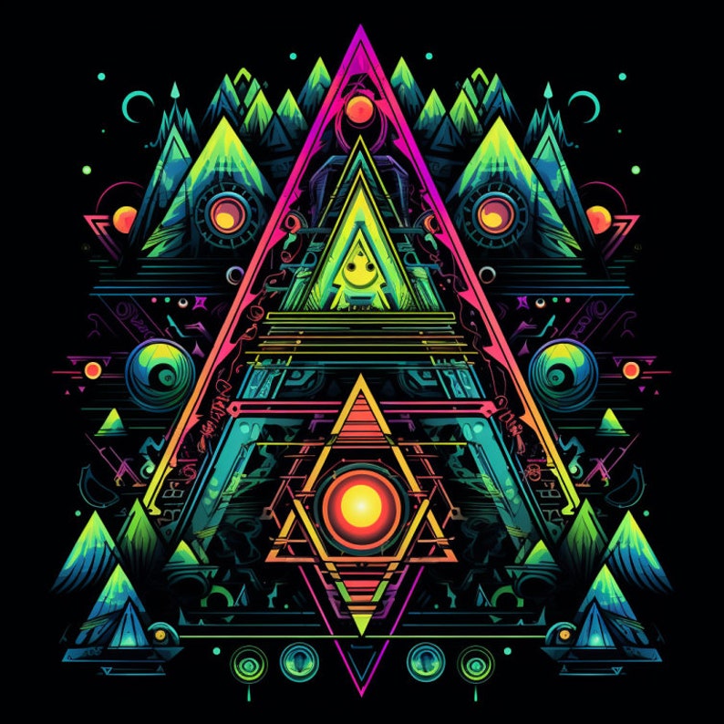 Neon Radiant Geometric, Bundle of 5 PNG Files for Wall Art, Digital ...
