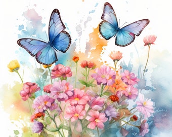 Watercolor Graceful Butterflies and Flowers, Bundle of 5 PNG Files for Wall Art, Digital Prints, T-Shirt Designs, and Tumbler Sublimation